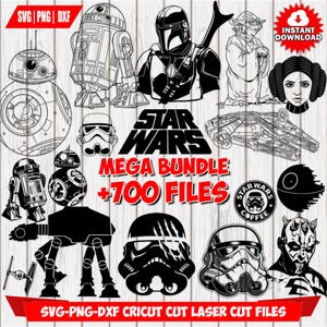 May include: A digital collection of Star Wars-themed SVG, PNG, and DXF files in black and white. The image features characters such as Darth Vader, Yoda, and R2-D2, alongside the Star Wars logo and the text "MEGA BUNDLE +700 FILES".