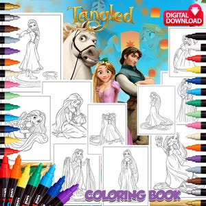 以下が含まれることがあります： 映画のキャラクターやシーンのイラストが描かれた「塔の上のラプンツェル」の塗り絵。表紙には映画のタイトルとキャラクターが描かれています。「デジタルダウンロード」という文字が赤い円で囲まれています。カラフルなマーカーのセットが画像にあります。