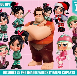 Peut inclure: Un ensemble d'images clipart numériques représentant des personnages du film d'animation Wreck-It Ralph. Les personnages incluent Ralph, Vanellope et d'autres personnages du film. Les images sont au format PNG et sont parfaites pour une utilisation dans le scrapbooking numérique, la fabrication de cartes et d'autres projets d'artisanat. Comprend 75 images PNG.