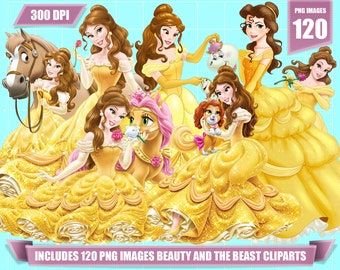 May include: A set of 120 digital clip art images featuring Belle from Disney's Beauty and the Beast. The images include Belle in various poses, with her animal friends, and with objects from the movie. The images are in PNG format and are 300 DPI.