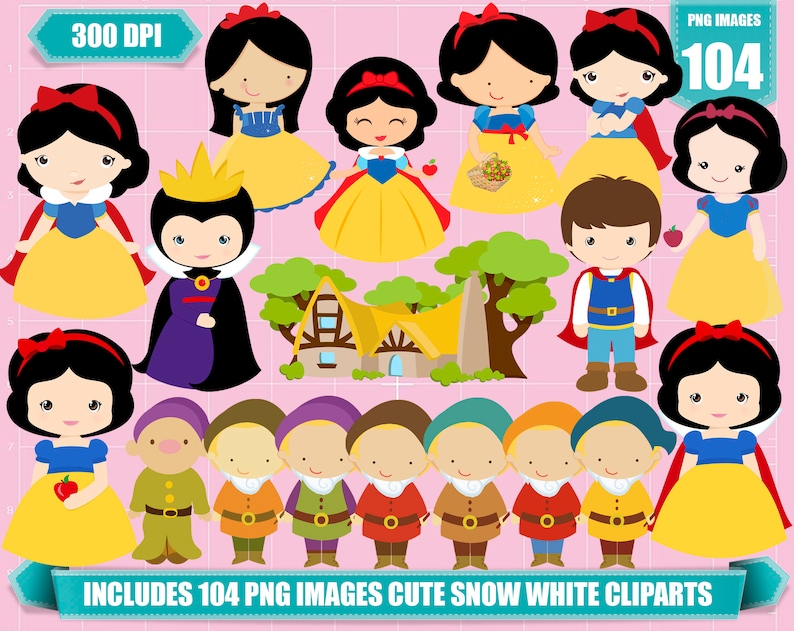 Pu&ograve; includere: Un set di 104 immagini clipart digitali con Biancaneve e i Sette Nani. Le immagini includono Biancaneve, la Regina Cattiva, il Principe, i Sette Nani e un cottage. Le immagini sono in stile cartone animato e sono perfette per l'uso in artigianato, scrapbooking e altri progetti creativi.