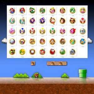 May include: A grid of 32 colorful circular icons featuring characters from the Super Mario video game franchise. Each icon has a gold border and a white background. The icons are arranged in four rows of eight. The icons include characters such as Mario, Luigi, Peach, Bowser, Toad, Yoshi, and Donkey Kong.