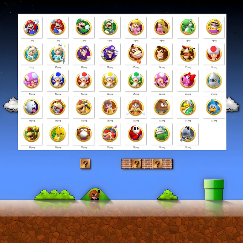 May include: A grid of 32 colorful circular icons featuring characters from the Super Mario video game franchise. Each icon has a gold border and a white background. The icons are arranged in four rows of eight. The icons include characters such as Mario, Luigi, Peach, Bowser, Toad, Yoshi, and Donkey Kong.