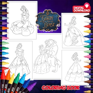 May include: A coloring book featuring line art illustrations of characters from Disney's Beauty and the Beast. The cover includes the title and the words "Digital Download" and "Coloring Book". The image also shows a set of colorful markers.