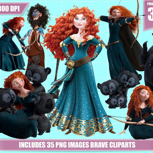 Brave clipart 35 png images, printable Brave merida png clipart, digital instant download, brave merida princess png images birthday party