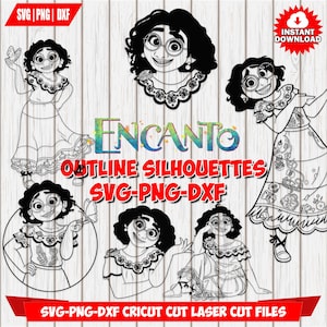 May include: Black and white outline silhouettes of characters from the movie "Encanto". The image includes multiple illustrations of the characters, along with the text "ENCANTO OUTLINE SILHOUETTES SVG-PNG-DXF" and "SVG-PNG-DXF CRICUT CUT LASER CUT FILES".