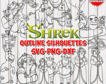 shrek SVG-bundel, Cricut DXF lasergesneden bestanden digitale download instant afdrukbare verjaardagsfeestje silhouet contouren clipart png-afbeeldingen