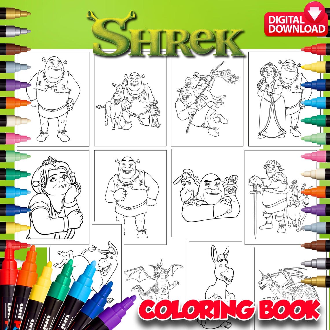 Shrek Coloring Book Pages Sheets Digital Printable Clipart Instant ...