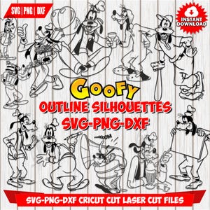 Op de afbeelding: Zwart-wit omtrek silhouetten van Goofy in verschillende poses. De afbeelding bevat de tekst "Goofy Outline Silhouettes SVG-PNG-DXF" en "SVG-PNG-DXF Cricut Cut Laser Cut Files". Een rode banner met "Instant Download" staat rechtsboven.