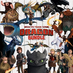 Peut inclure: Image colorée avec des personnages et des dragons de "How to Train Your Dragon". Le texte central indique "How to Train Your Dragon Bundle". L'image comprend divers dragons et personnages vikings, sur fond de bois.