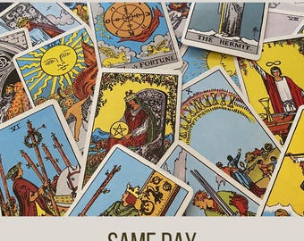 May include: A tarot card reading service offering same-day readings from 8 AM to 10 PM PST. The image features a spread of tarot cards, including The Hermit, Fortune, and The Sun.