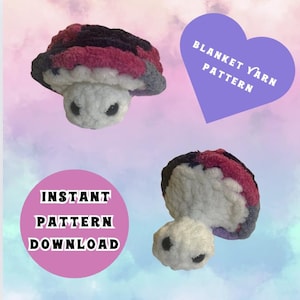 May include: A crochet pattern for a plush turtle toy made with blanket yarn. The pattern is available for instant download. The image shows two views of the finished toy, one with the shell facing the camera and the other with the head facing the camera.