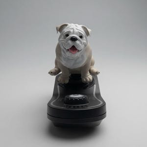 May include: A white and tan bulldog figurine with a pink tongue sits atop a black electronic device. The bulldog has a wrinkled face and is in a sitting position. The device has a circular button and a curved design.