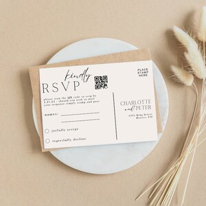 May include: A white RSVP card with a black and white QR code, the text "kindly RSVP", and the text "please scan the QR code to rsvp by 4.21.24 - should you wish to mail your response simply stamp and post". The card also has a section for names, two radio buttons for "joyfully accept" and "regretfully decline", and a space for a stamp.