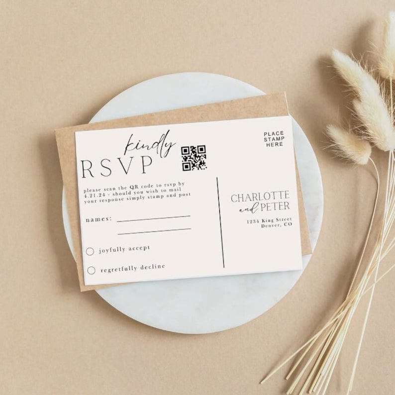 May include: A white RSVP card with a black and white QR code, the text "kindly RSVP", and the text "please scan the QR code to rsvp by 4.21.24 - should you wish to mail your response simply stamp and post". The card also has a section for names, two radio buttons for "joyfully accept" and "regretfully decline", and a space for a stamp.