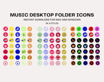 May include: A set of 90 colorful music folder icons for Mac and Windows. The icons feature various music-related symbols, including musical notes, microphones, guitars, drums, headphones, and play buttons. The icons are arranged in three rows of 30, with each row representing a different style.