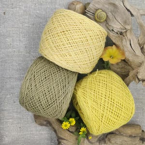Könnte beinhalten: Drei Knäuel Garn in Gelb- und Grüntönen sind auf einem Stück Treibholz angeordnet. Das Garn ist eng gewickelt und zeigt die Textur der Fasern. Kleine gelbe Blüten und ein Schneckenhaus ergänzen die natürliche Ästhetik.