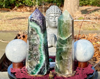 Fluorite Towers or Blue Calcite Crystal Sphere & RoseQuartz crystal - Pillars of Prayer collection, Choose your exact stone!