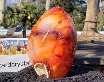 Carnelian agate Flame large orb sphere Red orange crystal point