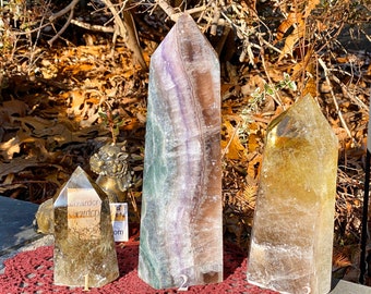 12LB Fluorite &Citrine tower Handmade Light base optional point tall wand large crystal point gold band collection