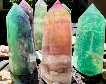 Fluorite crystal tower point rare Blue Purple Green Rainbow Reiki Chakra healing