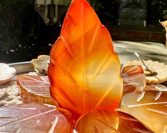 Carnelian Agate Leaf carving Red orange carved Quartz Leaves, Madagascar