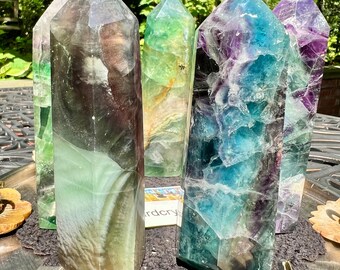 Fluorite crystal tower point rare Blue Purple Green Rainbow Reiki Chakra healing