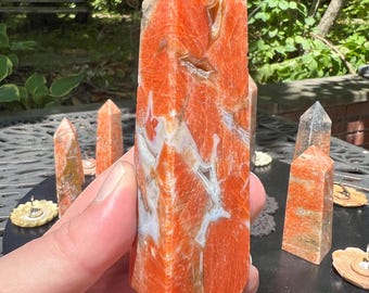 Sunstone Crystal Tower Point Orange white Druzy Blue Apatite Fire and Ice Chakra