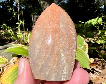 Peach Moonstone Flame teardrop Orange flashy standing stone 3.5 inches
