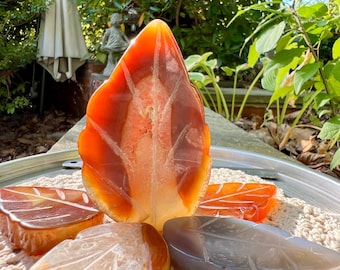 Carnelian Agate Leaf carving Red orange carved Quartz Leaves, Madagascar