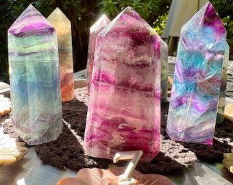 Fluorite Crystal tower point rare Purple Blue Green Clear Natural rainbow tower