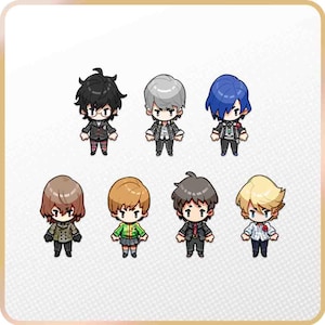 May include: A set of seven chibi-style character illustrations featuring diverse figures with distinct hair colors including black, silver, blue, brown, and blonde, wearing varied outfits such as jackets, shirts, and skirts in a flat graphic design.