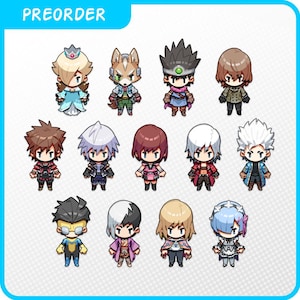 May include: A collection of chibi-style character figurines. The figurines feature various characters with distinct hairstyles and outfits, including a princess in a blue dress and a character with spiky hair. The word "PREORDER" is in the top left corner.