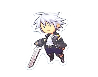 以下が含まれることがあります： 剣を持った白い髪のアニメキャラクター。黒い革のジャケットと青いズボンを着用しています。キャラクターは真剣な表情で、右手に剣を持っています。