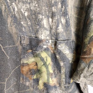 May include: Close-up of a camouflage-patterned t-shirt with a chest pocket. The shirt features a blend of greens, browns, and grays, mimicking a forest environment. The pocket is a darker shade of the same camouflage print.