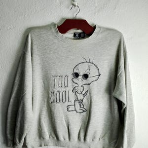Sudadera de cuello redondo con diseños de bordado de dibujos animados del pájaro Tweety vintage demasiado cool L/XL