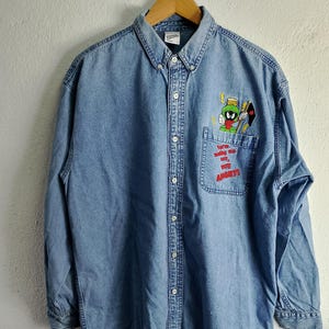 cartoon denim button up shirt men Large