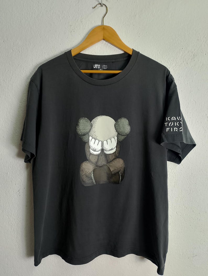 Puede incluir: Camiseta gris oscuro con un gr&aacute;fico de KAWS en la parte delantera. El gr&aacute;fico representa una figura sentada con las manos cubriendo su rostro. La manga derecha tiene el texto "KAW TOKYO FIRST". La camiseta est&aacute; colgada en una percha de madera.