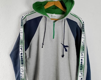Vintage Diadora Italy Kapuzenpullover mit halbem Reißverschluss – Größe L