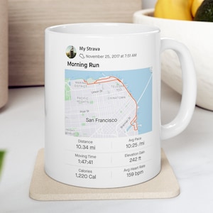 Mug carte Strava, cadeau mug coureur, activité sportive de course personnalisée, tasse à thé marathon personnalisée, totaux de randonnée, cadeau itinéraire cycliste WITH profile & date