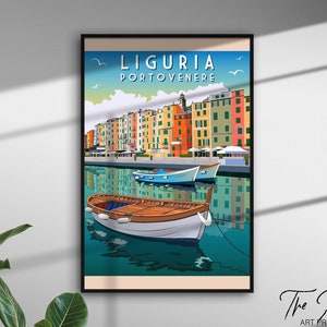 Portovenere Vintage Reise Poster, Ligurien Retro Reise Druck, Italien Tourismus Art Deco Affiche, Ligurische Küste Ästhetische Moderne Kunstwerk