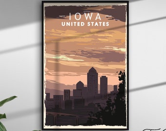 Iowa Vintage Travel Poster, Mid Century Affiche, Adventure Print, American Travel Art Deco, US States Aesthetic Wall Gallery, Urban Scenery