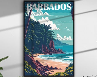 Barbados Travel Poster, Caribbean Travel Print, Vintage Landscape Art Deco, Retro Tourism Affiche, West Indies Landscape, Islands Wall Print