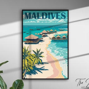 Cartel de viaje de Maldivas, Impresión de viaje del Océano Índico, Paisaje vintage Art Déco, Affiche de turismo retro, Paisaje de Asia, Impresión de pared de islas
