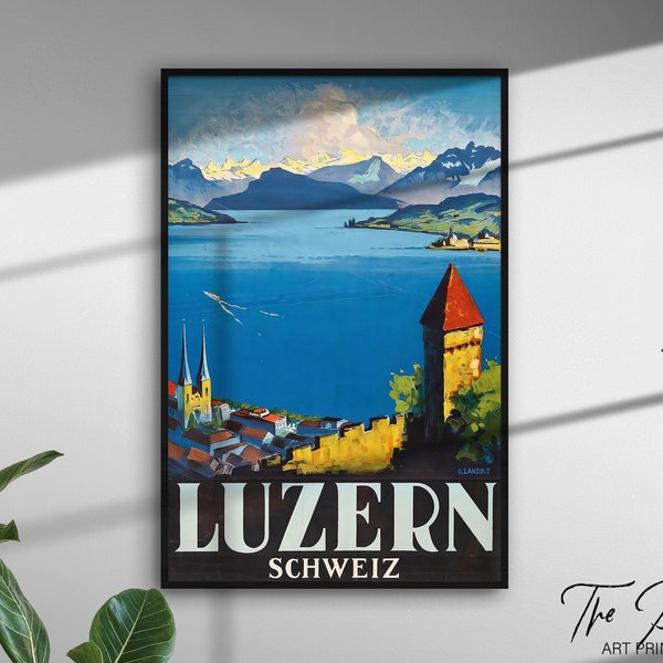 Luzern Schweiz Travel Poster, Otto Landolt Artwork, Swiss Vintage Travel Print, Lake Lucerne Mid Century Affiche, Classic Retro Art Deco