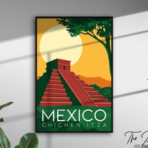 Mexico Vintage Travel Poster, Yucatan Retro Style Travel Print, Chichen Itza Rustic Wall Art, Aesthetic Home Decor, Vibrant Graphic Prints