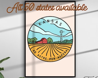 Alle US Staaten Reise Poster, Every State Travel Print, Your State Travel Art Deco, Texas, Kalifornien, Florida, New York, Washington, Arizona