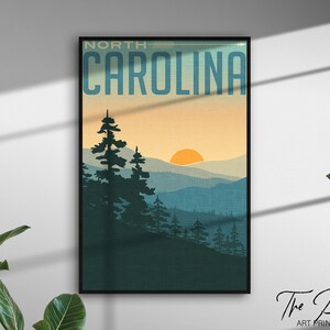 North Carolina Vintage Travel Poster, Retro Style Travel Print, US States Rustic Wall Art, Landmarks Aesthetic Decor, Modern Graphic Artwork