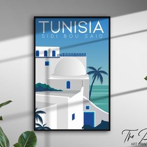 Tunesien Vintage Reise Poster, Retro-Stil Reise Druck, Sidi Bou Said rustikale Wandkunst, ästhetische Wohnkultur, lebendige grafische Drucke Geschenk