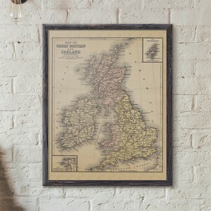 Grande-Bretagne et Irlande Old Map 1883, carte imprimée vintage du Royaume-Uni, affiche de cartographie britannique rétro, gravure antique des îles britanniques, vieux décor